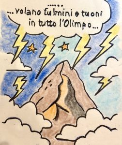 Le avventure di Cesare sull'Olimpo: primo episodio. Immagine di fulmini e saette provocate dalla rebbia di Zeus